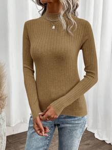 SHEIN Clasi Mock Neck Ribbed Knit Sweater - Camel - View 5