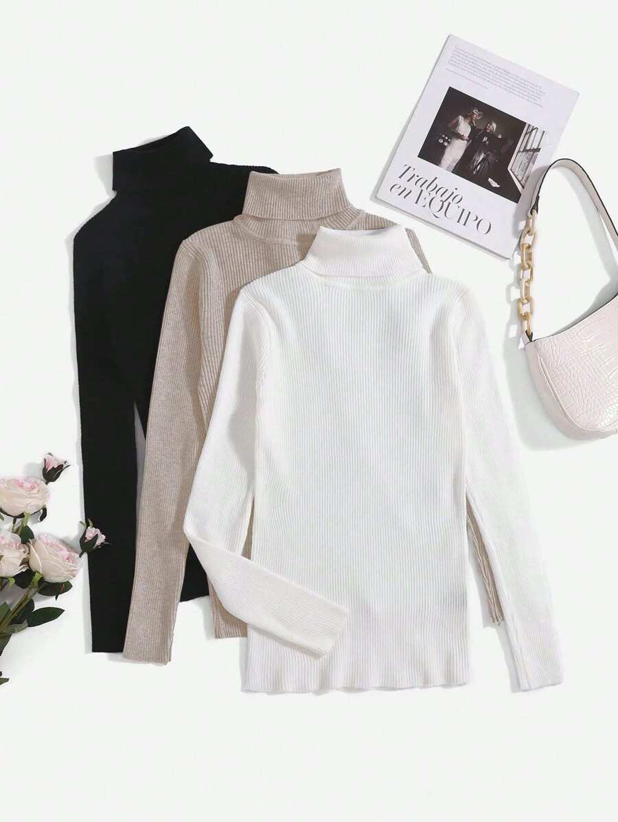 SHEIN Essnce 3pcs Solid Turtleneck Rib-Knit Sweater In Fall/Winter - Multicolor - View 1