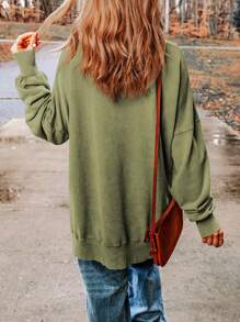 CILKOO 休闲侧开衩落肩宽松卫衣，春秋季 - 綠色 - 查看 2