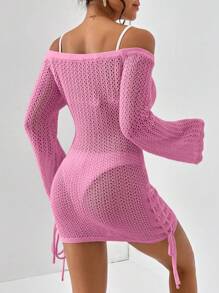 SHEIN Essnce Off Shoulder Drawstring Side Lace Up Side Cover Up Dress Without Bikini Summer - Pink - View 2