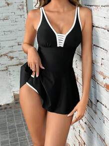 Contrast Binding Ruffle Hem Tankini - Black and White - View 4