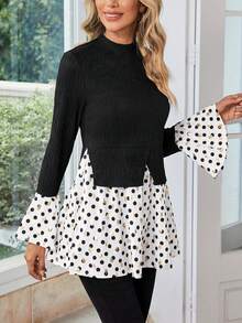 EMERY ROSE Polka Dot Print Flounce Sleeve Peplum Top - Black and White - View 4