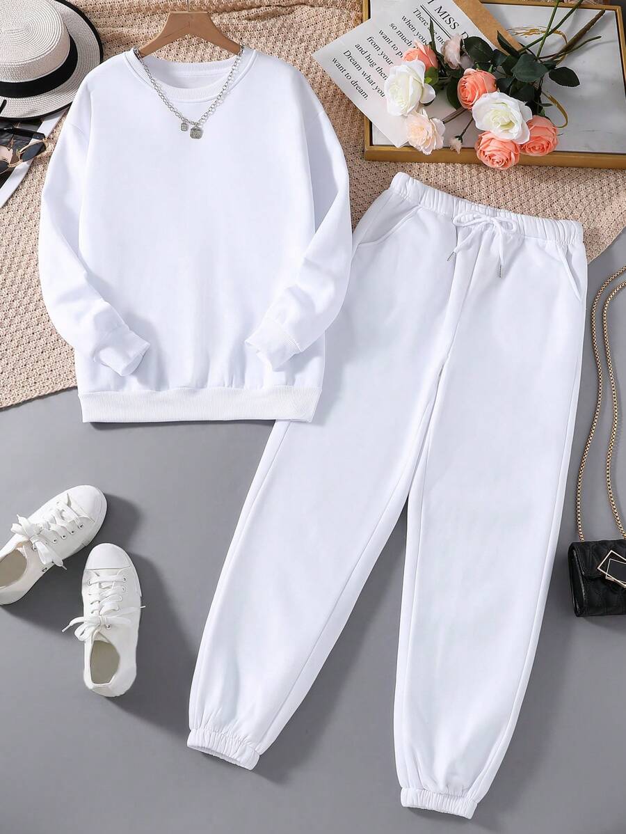 INAWLY Solid Thermal Lined Sweatshirt & Drawstring Waist Sweatpants - White - View 1