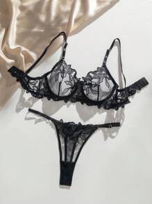 Floral Embroidered Schiffy Underwire Lingerie Set - Black - View 5