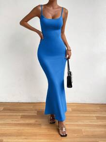 SHEIN Unity Vestido de tirantes unicolor bajo sirena - Azul - Ver 5