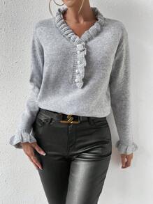 SHEIN Essnce 褶邊荷葉袖套頭毛衣 - 淺灰色 - 查看 1