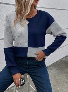 EMERY ROSE Color Block Drop Shoulder Sweatshirt - Navy Blue - View 4