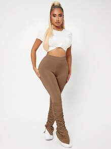 SHEIN SXY 高腰褶邊緊身堆堆褲 - 棕色 - 查看 5