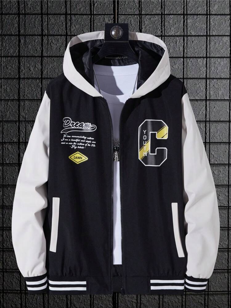 Men Letter Graphic Striped Trim Hooded Jacket