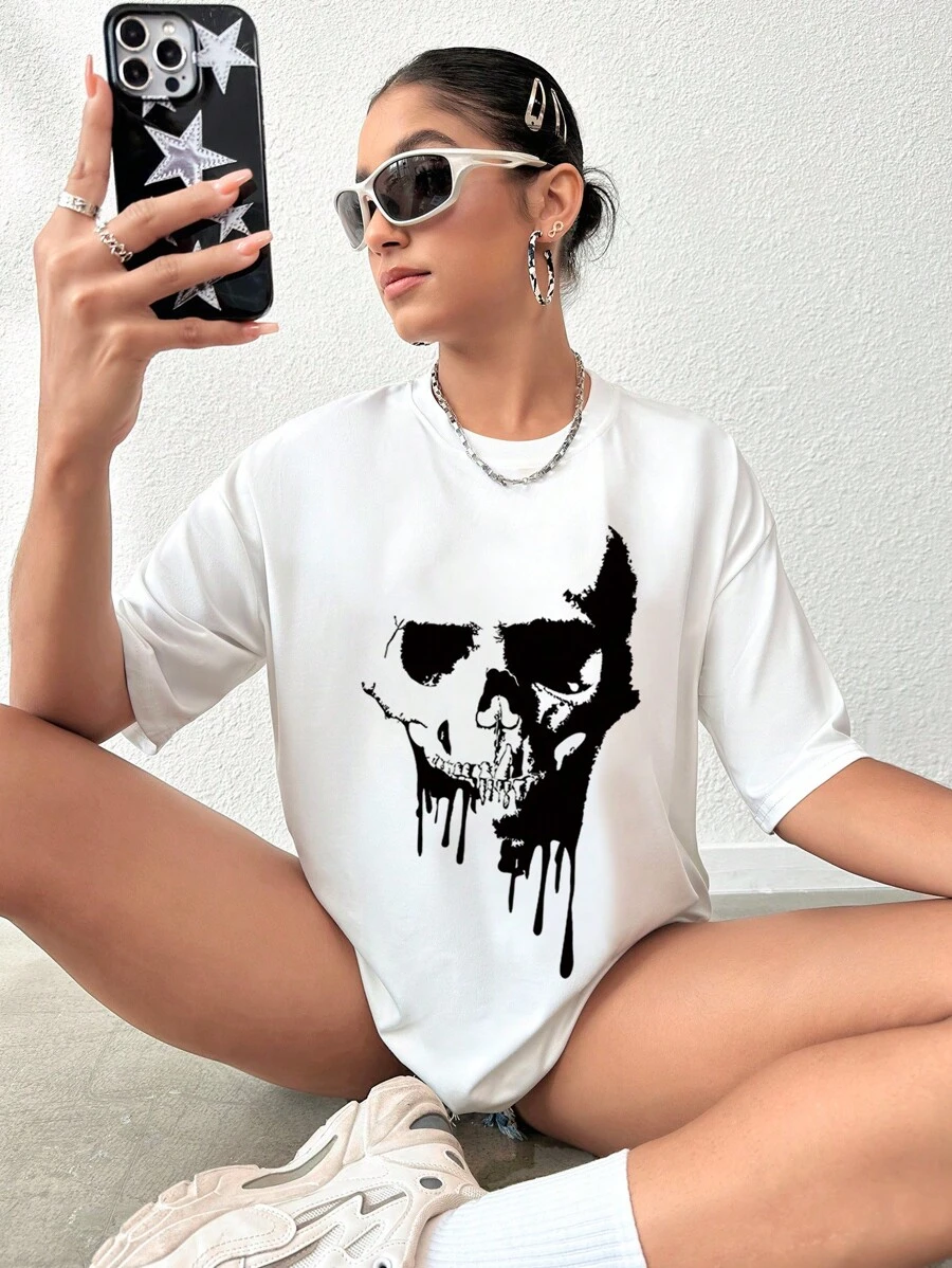 SHEIN Unity 萬聖節骷髅頭圖案落肩T恤 - 白色 - 查看 1