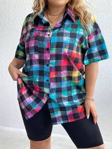 SHEIN LUNE 大碼格紋印花落肩袖襯衫 - 彩色 - 查看 3