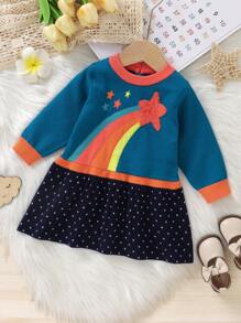 女嬰彩虹&波點圖案荷葉邊毛衣洋裝 - 彩色 - 查看 1