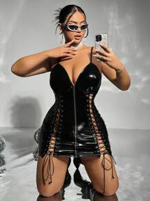 SHEIN ICON Plus Lace Up Front PU Leather Club Dress - Black - View 4