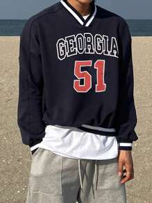 DAZY 男士字母图案条纹V领卫衣，秋季商务装 - 藏蓝色 - 查看 5