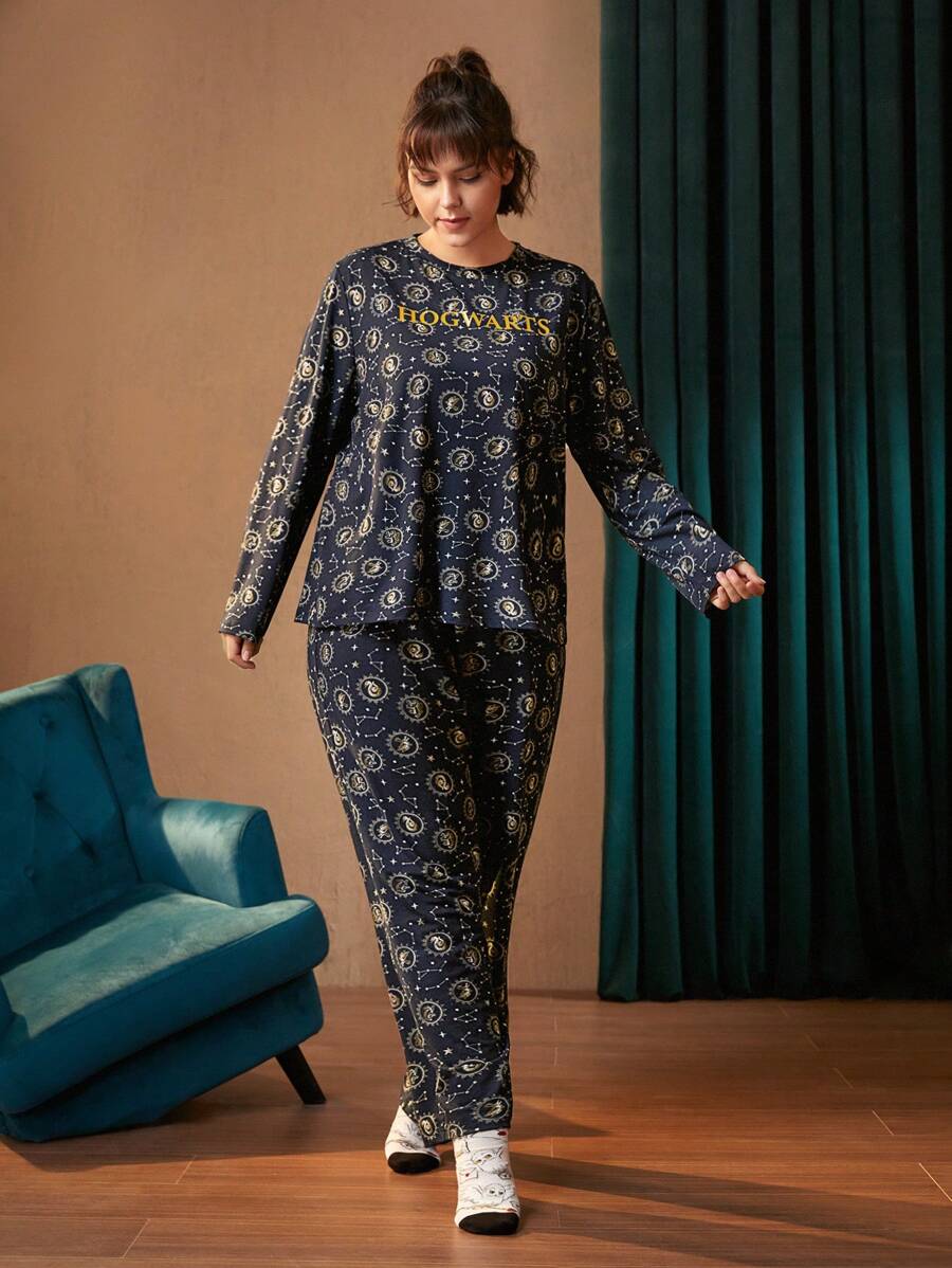 HARRY POTTER X SHEIN Plus Allover Print PJ Set - Royal Blue - View 1