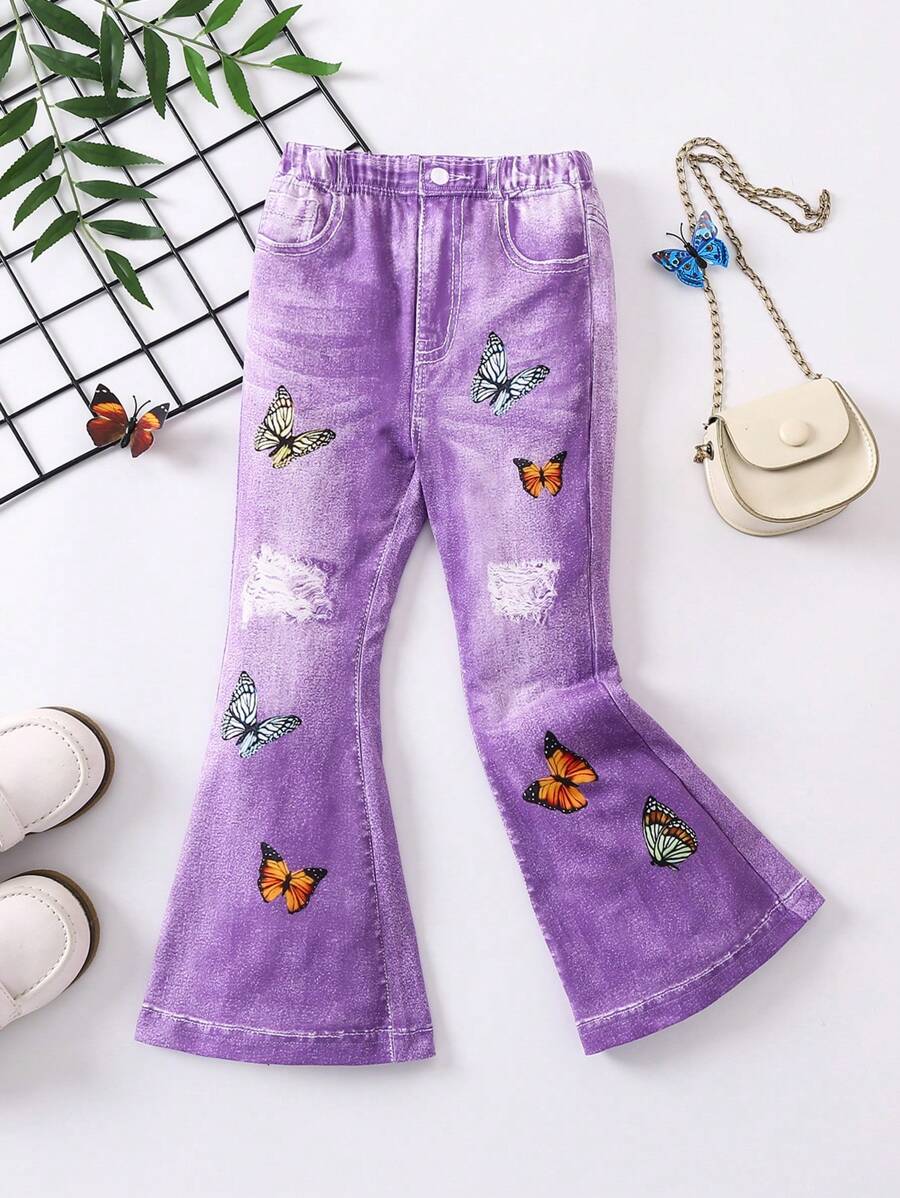 SHEIN Young Girls' Butterfly & Effect Flared Pants With Printed Design - Purple - View 1