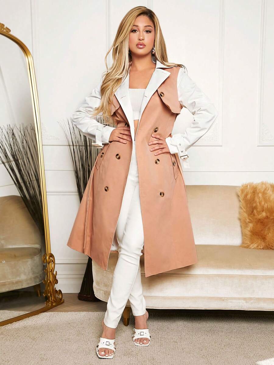 SHEIN SXY Hai âm Đôi ngực Thắt lưng Áo khoác Trench - Nhiều màu - Xem 1