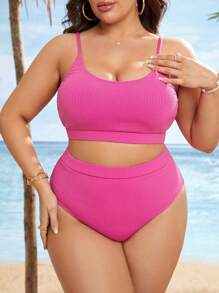 SHEIN Swim Curve Plus Solid High Waisted Bikini Set - Hot Pink - View 1