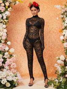 LEYU Designer Mock Neck Stirrup Hem Lace Unitard Jumpsuit Without Lingerie Set, Fall Women Clothes, For Autumn, Holiday - Black - View 4