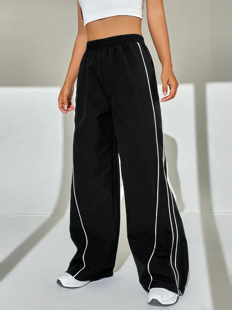 SHEIN EZwear Quần nữ Tương phản ràng buộc màu trơn Giải trí - màu đen - Xem 1