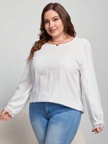 SHEIN Frenchy 大碼水溶蕾絲拼接襯衫 - 白色 - 查看 6