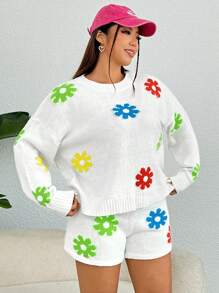 SHEIN EZwear Plus Floral Pattern Drop Shoulder Sweater & Knit Shorts - Multicolor - View 3