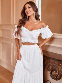 Off Shoulder Frill Trim Top & Ruffle Hem Skirt - White - View 5