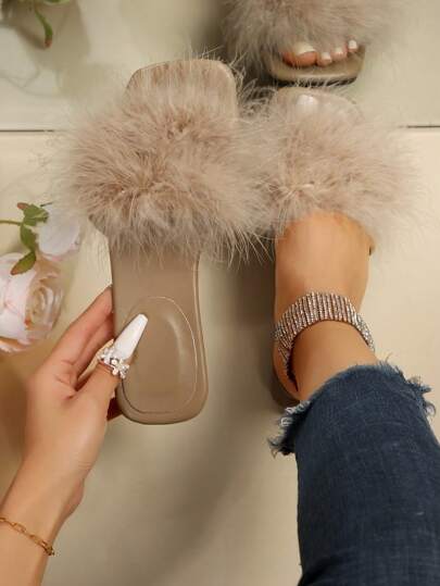 French Square Toe PU Leather Fuzzy Decor Minimalist Solid Color Strap Fluffy Slippers For Women, Fashionable Outdoor Wear, Net Celebrity Fairy Flat High-End Sandals