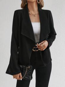 SHEIN Tall Waterfall Collar Open Front Jacket - Black - View 3