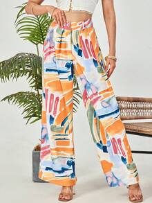 AAmilife Brush Print Wide Leg Pants - White - View 7