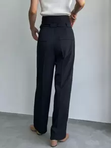 FRIFUL Solid Slant Pocket Belted Suit Pants,Women Dress Pants Business Attire - Navy Blue - View 3