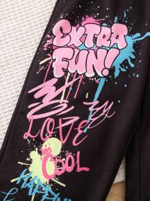 Sparklyn 青少年女孩字母卡通熊圖形運動長褲 - 黑色 - 查看 6