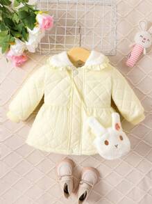Baby Girl Borg Collar Ruffle Trim Coat & Bag - Apricot - View 1