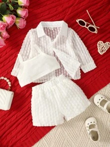 SHEIN Vintaside Kids Baby Girl Solid Cami Top & Shorts & Button Up Shirt - White - View 8