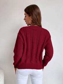 SHEIN LUNE Solid Cable Knit V Neck Knit Pullover Fall Winter Sweater - Burgundy - View 2