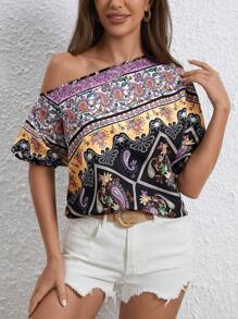 SHEIN VCAY 佩斯利印花不對稱領蝙蝠袖襯衫 - 黑色 - 查看 1