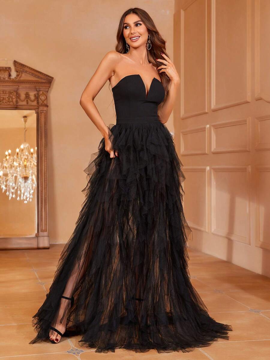 优雅迷人的露肩缺口领口礼服，搭配多层薄纱裙和超高开衩 - 拼接网眼面料晚礼服，适合庆典、婚礼和夏季派对（季节性） - 黑色 - 查看 1