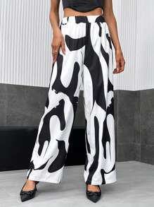 SHEIN Privé 圖案印花闊腿褲 - 杏色 - 查看 1