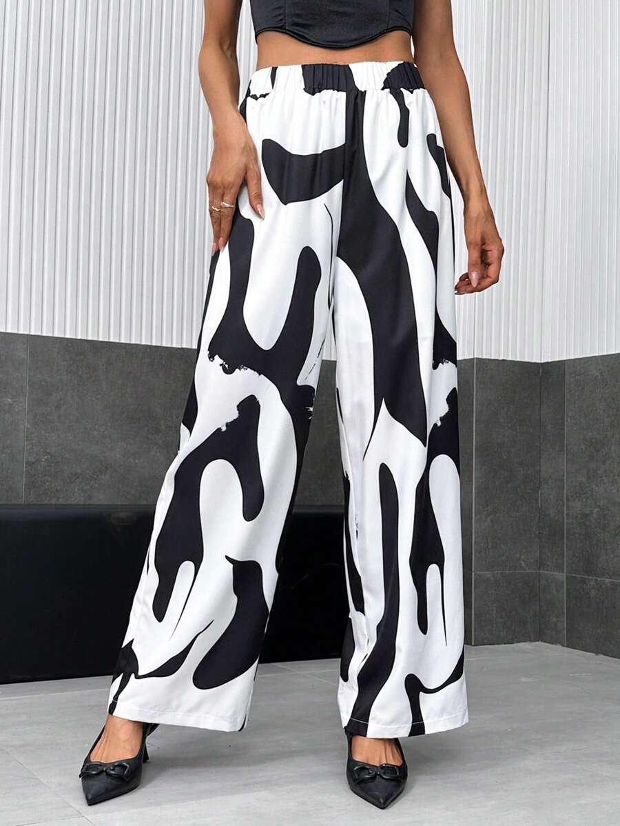 SHEIN Privé 圖案印花闊腿褲 - 杏色 - 查看 1