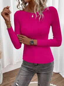 SHEIN Clasi Boat Neck Ribbed Knit Sweater - Hot Pink - View 5