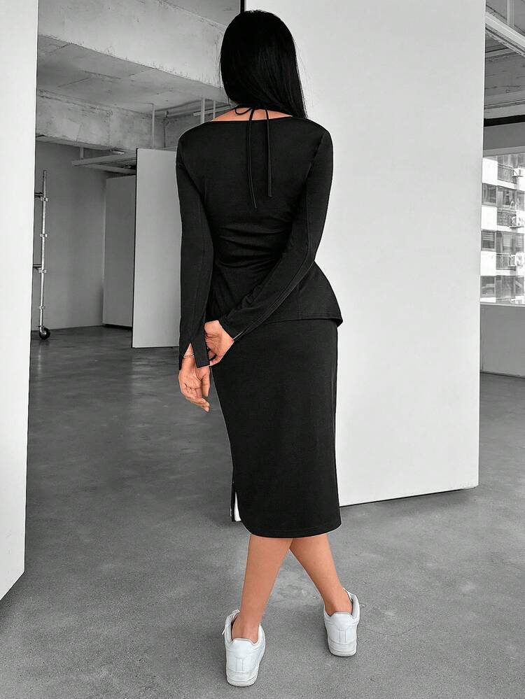 Solid Button Front Crop Tee & Split Hem Skirt