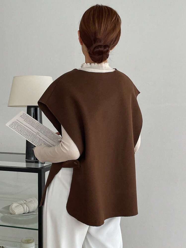 Casual Solid Color Jacket, Autumn/Winter, Ladies Spring/Fall Casual Belted, Button Batwing Sleeve Round Neck Loose Brown Plain Women Overcoats, Casual Daily Wear