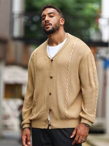 Manfinity Homme Men Solid Cable Knit Button Up Cardigan - Brown - View 1