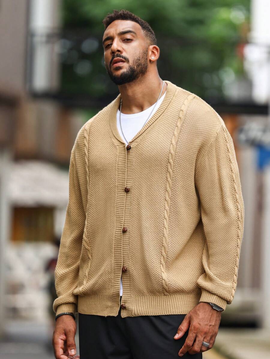 Manfinity Homme Men Solid Cable Knit Button Up Cardigan - Brown - View 1