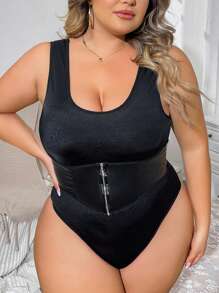 大碼前拉鏈連體緊身衣 - 黑色 - 查看 5