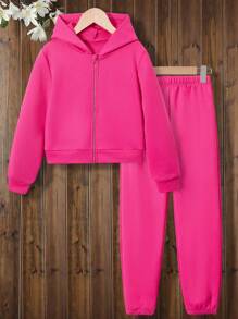 SHEIN Cô gái Tween Chất rắn Áo Zip Up Hoodie & Quần nỉ - Màu Hồng Tươi - Xem 1