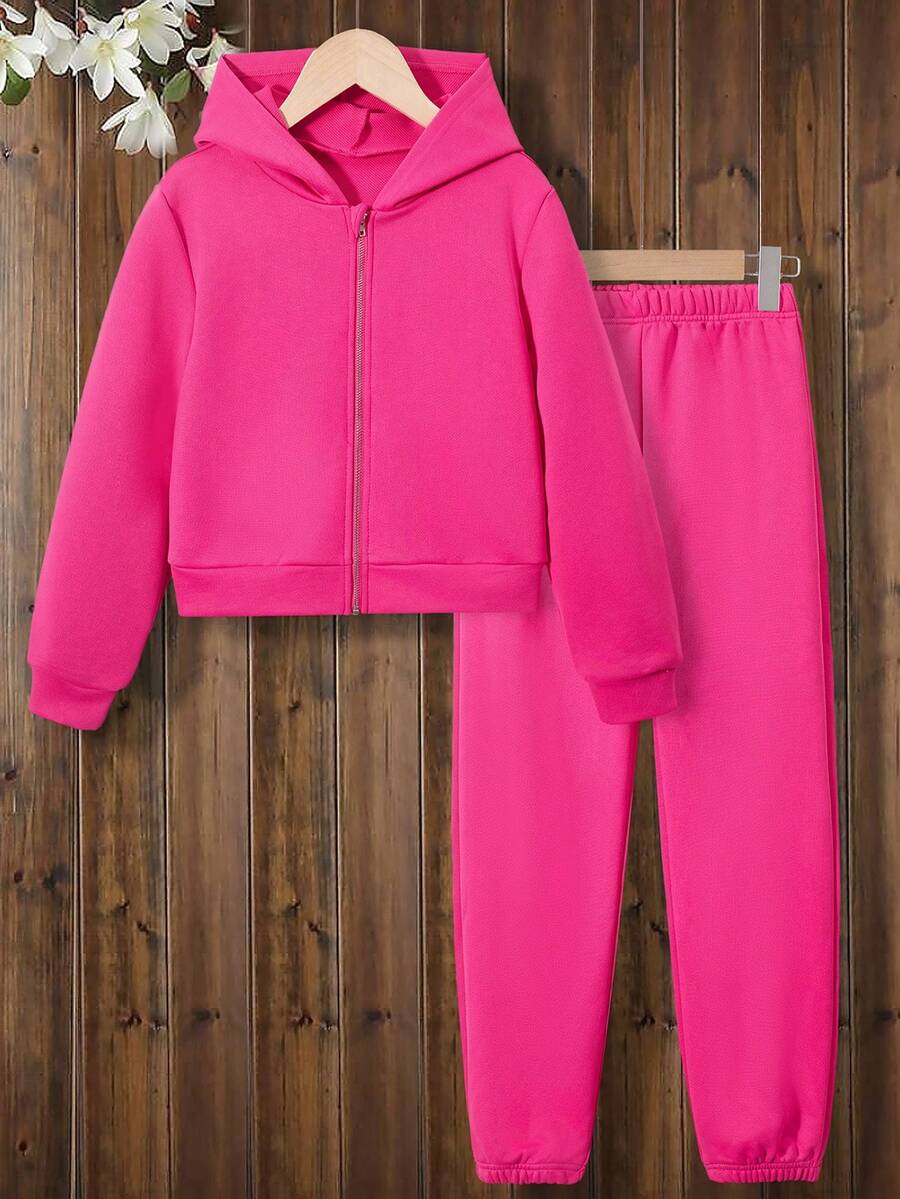 SHEIN Cô gái Tween Chất rắn Áo Zip Up Hoodie & Quần nỉ - Màu Hồng Tươi - Xem 1
