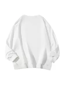 女士休闲圆领翼与字母标语图案印花长袖运动衫，秋冬款 - 白色 - 查看 4