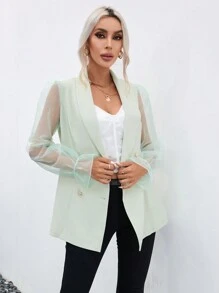 SHEIN Privé Contrast Mesh Flounce Sleeve Shawl Collar Double Breasted Blazer - Mint Green - View 4