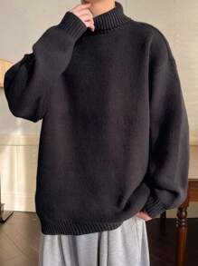 Men Turtleneck Drop Shoulder Sweater - Black - View 3